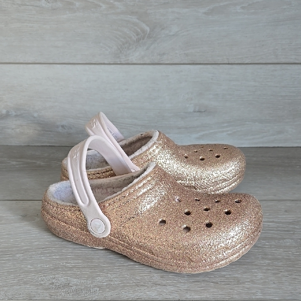 Crocs Girls Kids Gold Pink Glitter Insulated Lined Clogs Shoes Sz J2
